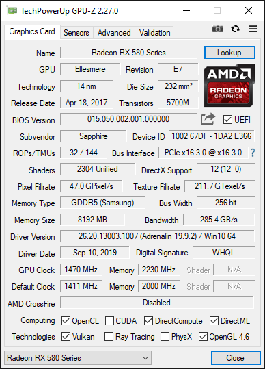 Sapphire Radeon RX 580 Nitro+ 8 Go GPU-Z overclocking 