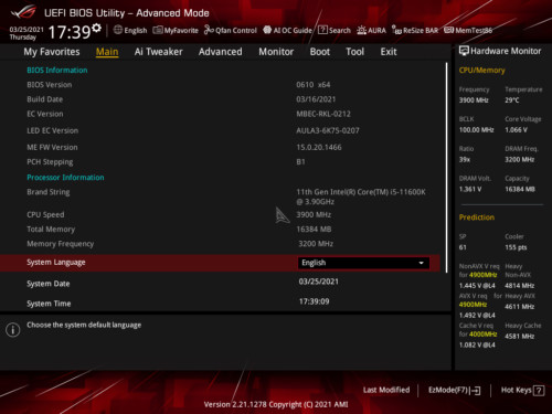 Asus ROG Strix Z590-E Gaming BIOS accueil