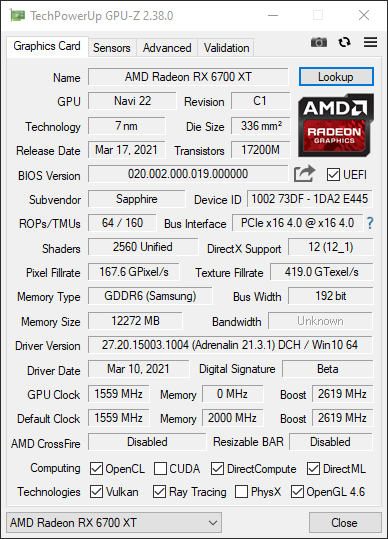 Sapphire Radeon RX 6700 XT Nitro+ GPU-Z