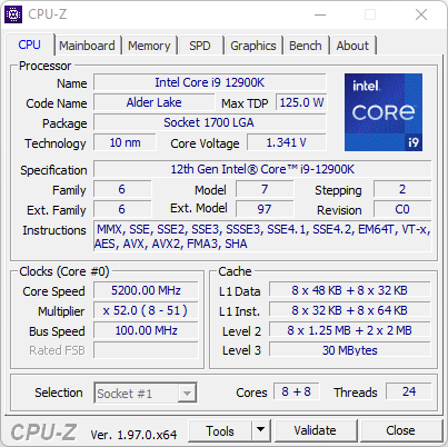 Intel Core i9-12900K CPU-Z OC 5,2 GHz