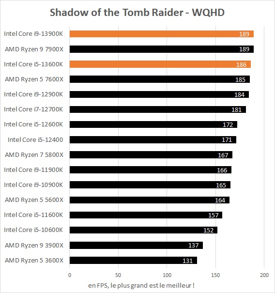 Performances jeux Intel Core i5-13600K et Core i9-13900K dans Shadow of the Tomb Raider WQHD
