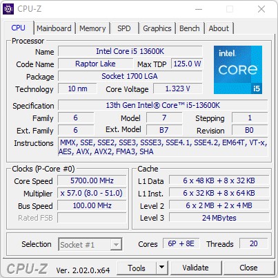 Intel Core i5-13600K overclocké à 5,7 GHz P-Core et 4,5 GHz E-Core