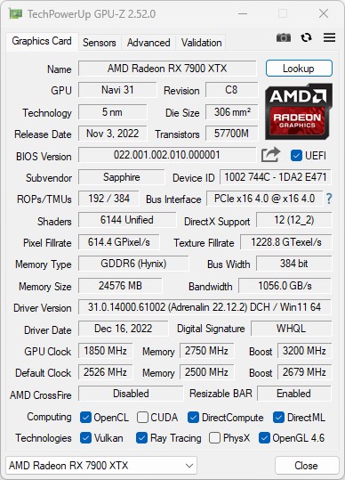 Sapphire Radeon RX 7900 XTX 24 Go Nitro+ OC Vapor-X overclocking GPU-Z